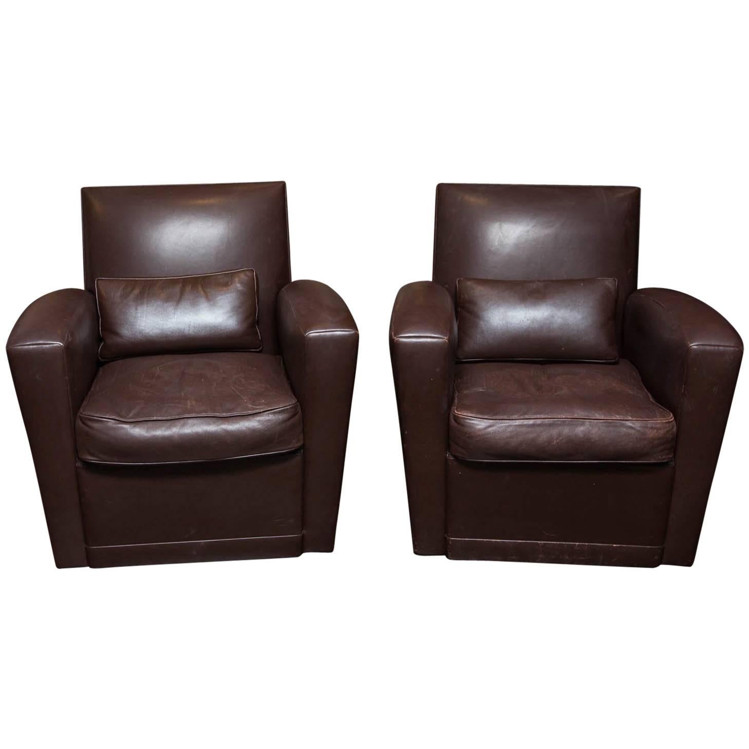 Holly Hunt Brown Leather Swivel Chairs