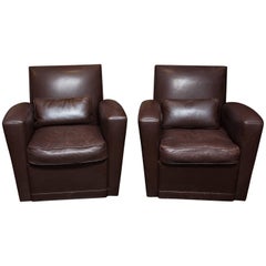 Holly Hunt Brown Leather Swivel Chairs