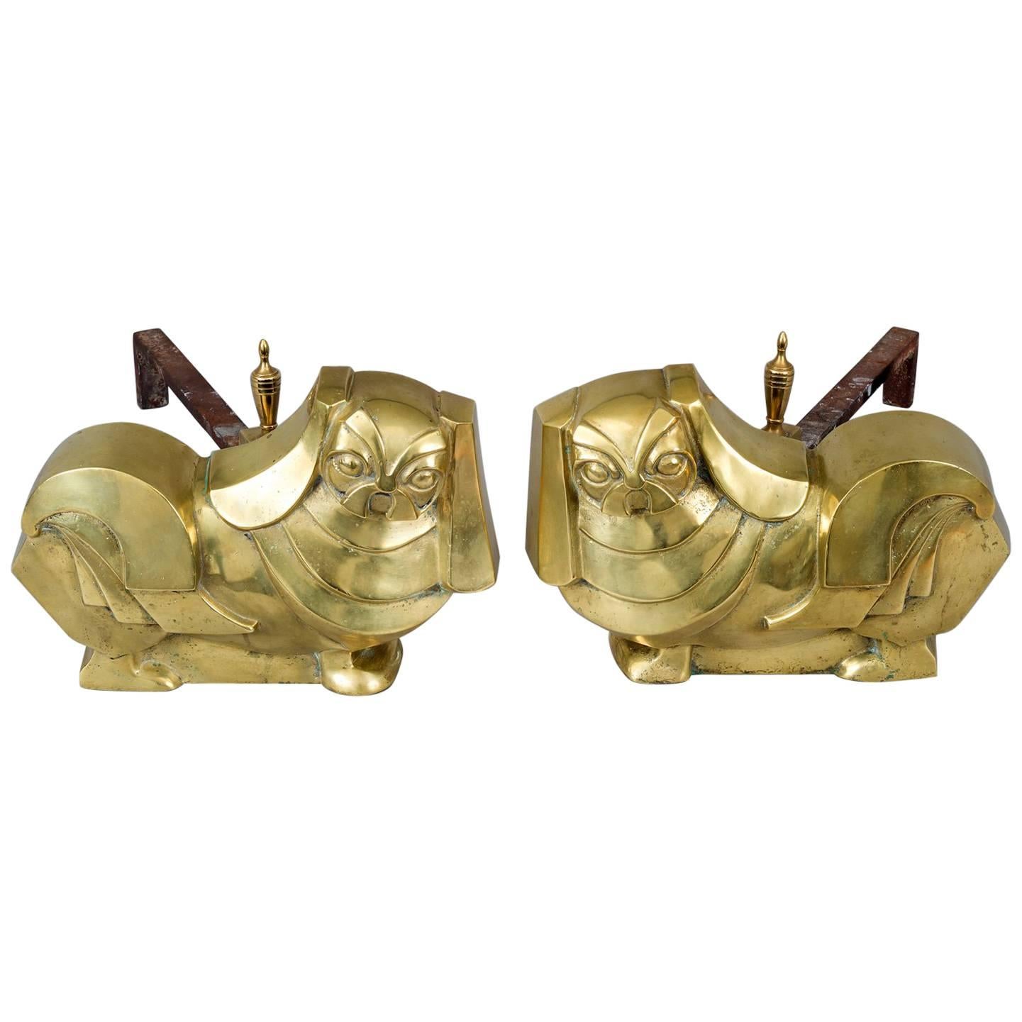Pair of Art Deco Brass Pekinese Dog Andirons