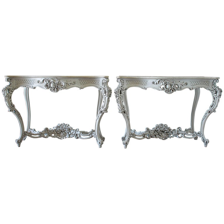 19th Century Painted French Console Tables With Marble Top For 19th Century Painted French Console Tables With Marble Top For