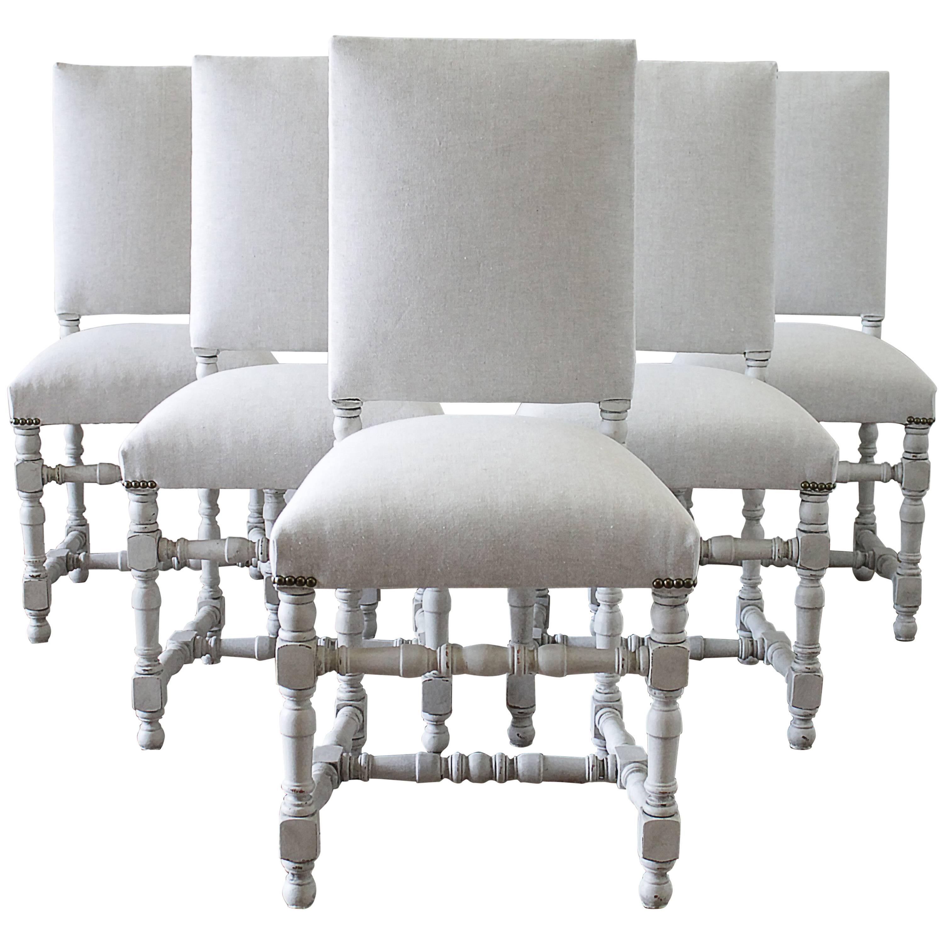 Set of Six French Style Painted and Upholstered Dining Chairs For Sale