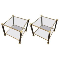 Pair of Brass and Black Lacquered End Tables with Clear Glass