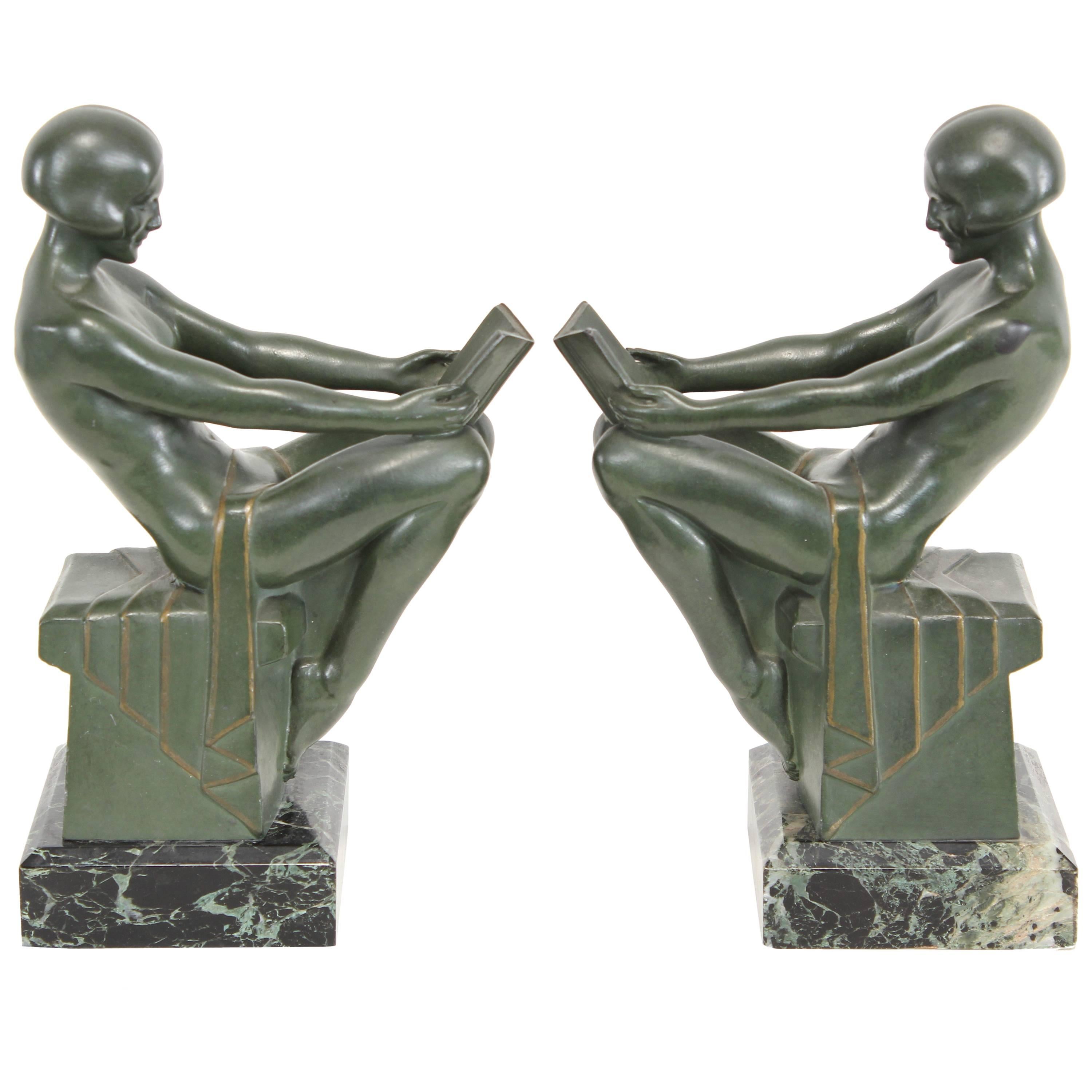 Signed French Art Deco Nude Bookends by Max Le Verrier, 1930