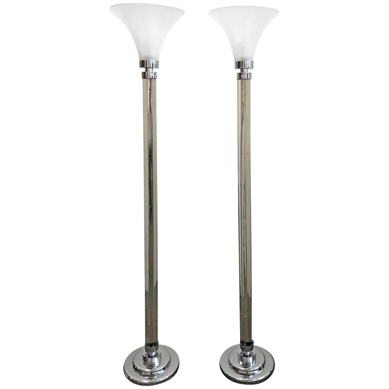 Pair of Glass Torchiere Lamps For Sale