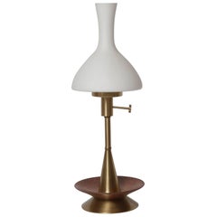 Late 1950s Danish Modern Brass and Walnut Table Lamp with Frosted Glass Chimney