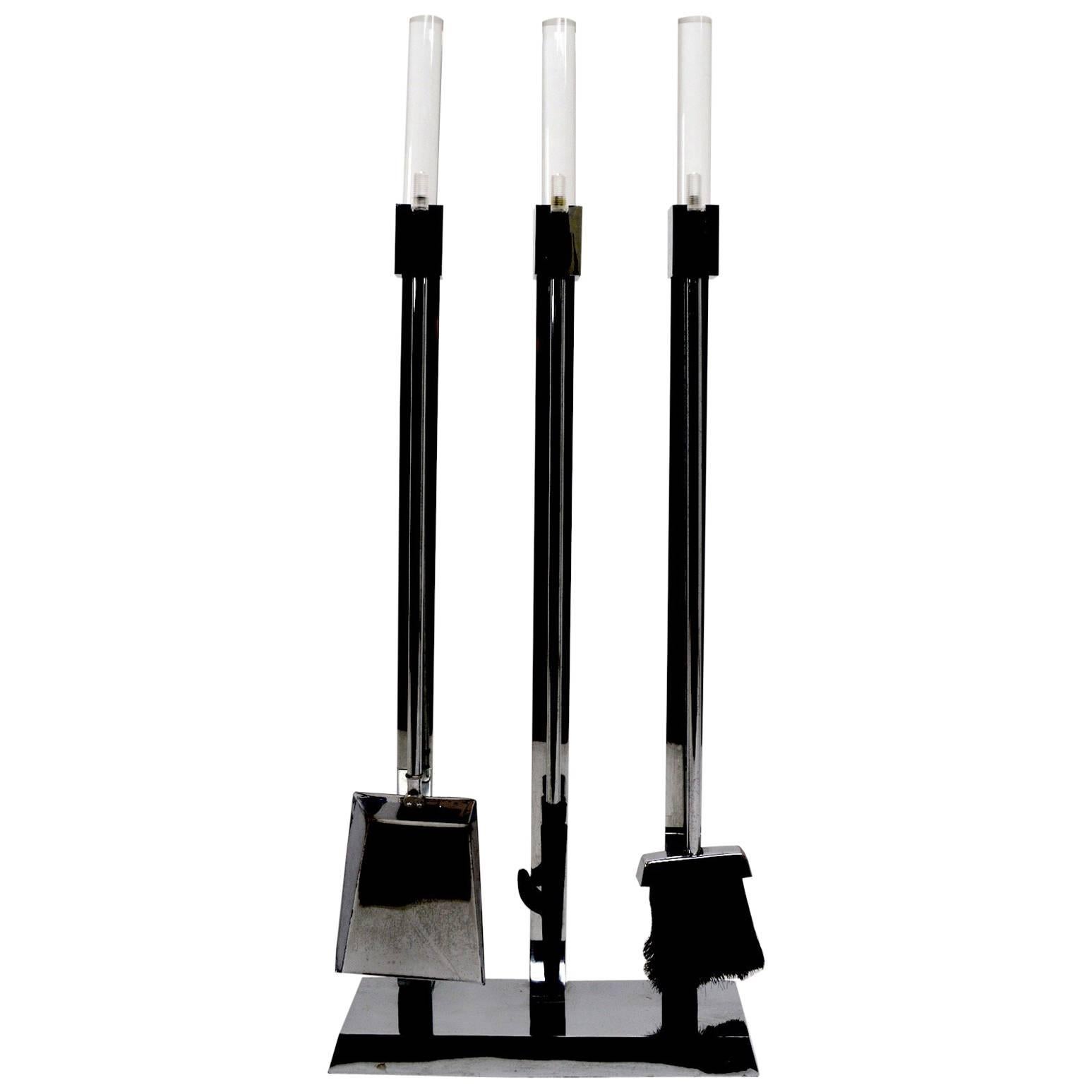 Chrome and Lucite Fireplace Tool Set For Sale