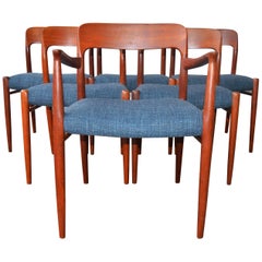 Danish Set of Six Dining Chairs by N.O. Moller for J.L. Moller in Teal Tweed