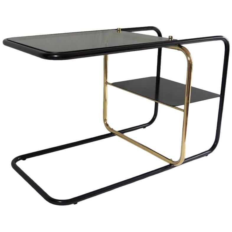 Lateral Side Table, Brass, Iron and Smoked Glass / Nomade Atelier Design For Sale