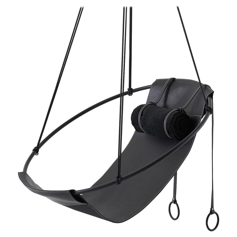 Sling Hanging Swing Chair Genuine Black Leather 21st Century Modern For