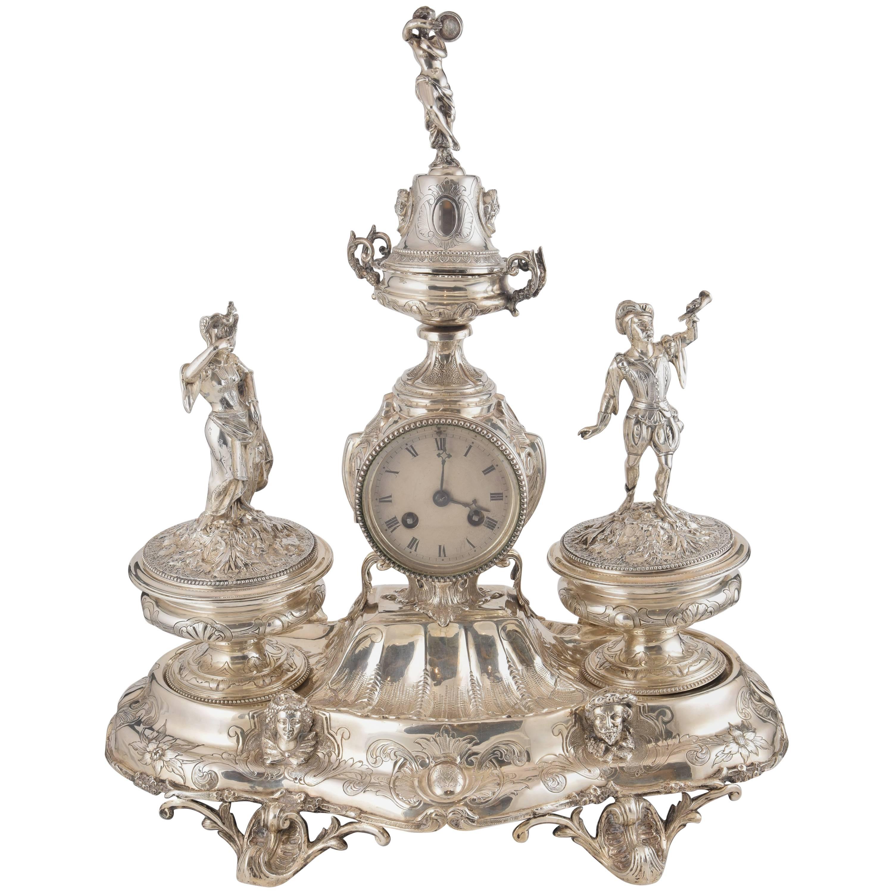 Solid Silver Writing Set with Clock, France, 19th Century with Hallmarks