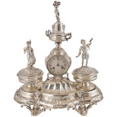 Antique Solid Silver Writing Set with Clock, France, 19th Century with Hallmarks