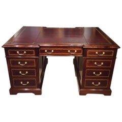 Fine Quality Mahogany Inlaid Edwardian Period Antique Partners Desk