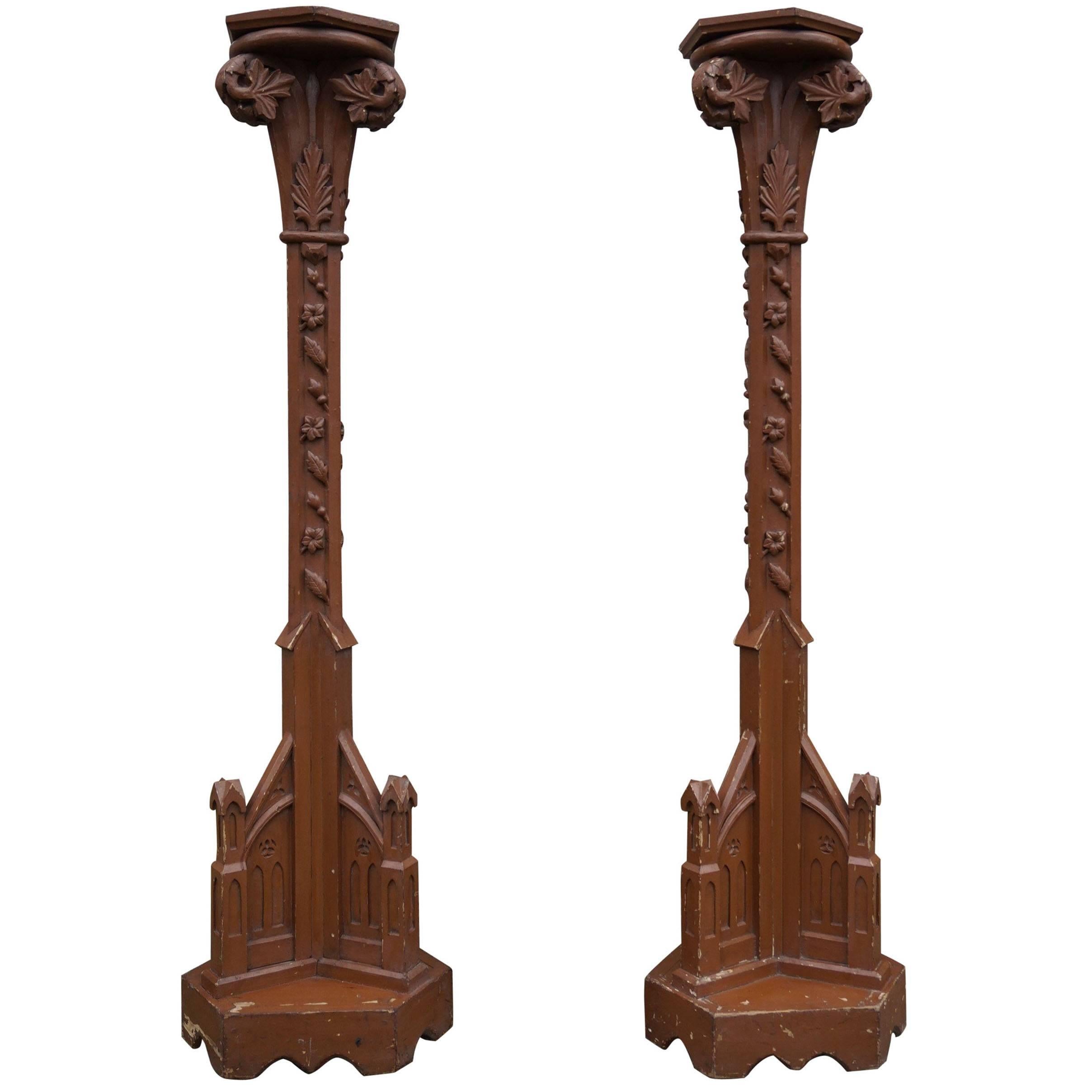 Pair of Hand Crafted and Painted Gothic Revival Church Candle Pedestals, Columns For Sale