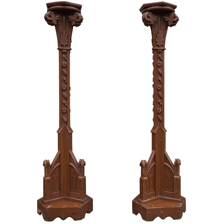 Pair of Hand Crafted and Painted Gothic Revival Church Candle Pedestals, Columns For Sale at 1stDibs