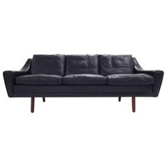 Danish Black Leather and Rosewood Three-Seat Sofa Midcentury, 1960s
