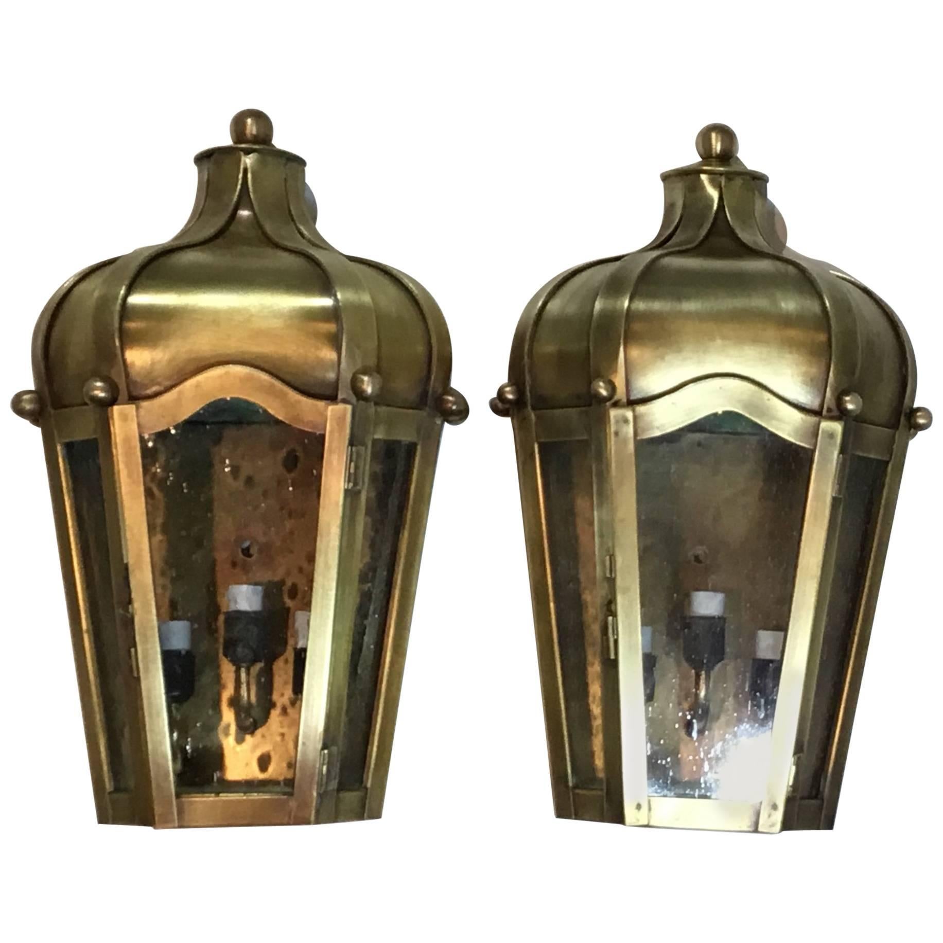 Pair of Handcrafted Wall-Mounted Brass Lantern 