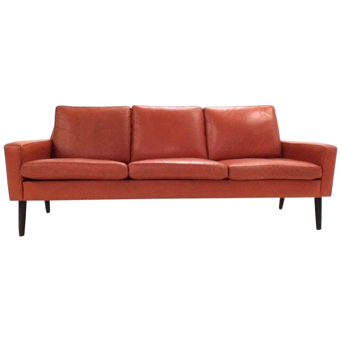 Danish Orange Tan Leather Teak Three-Seat Sofa, Midcentury, 1960s