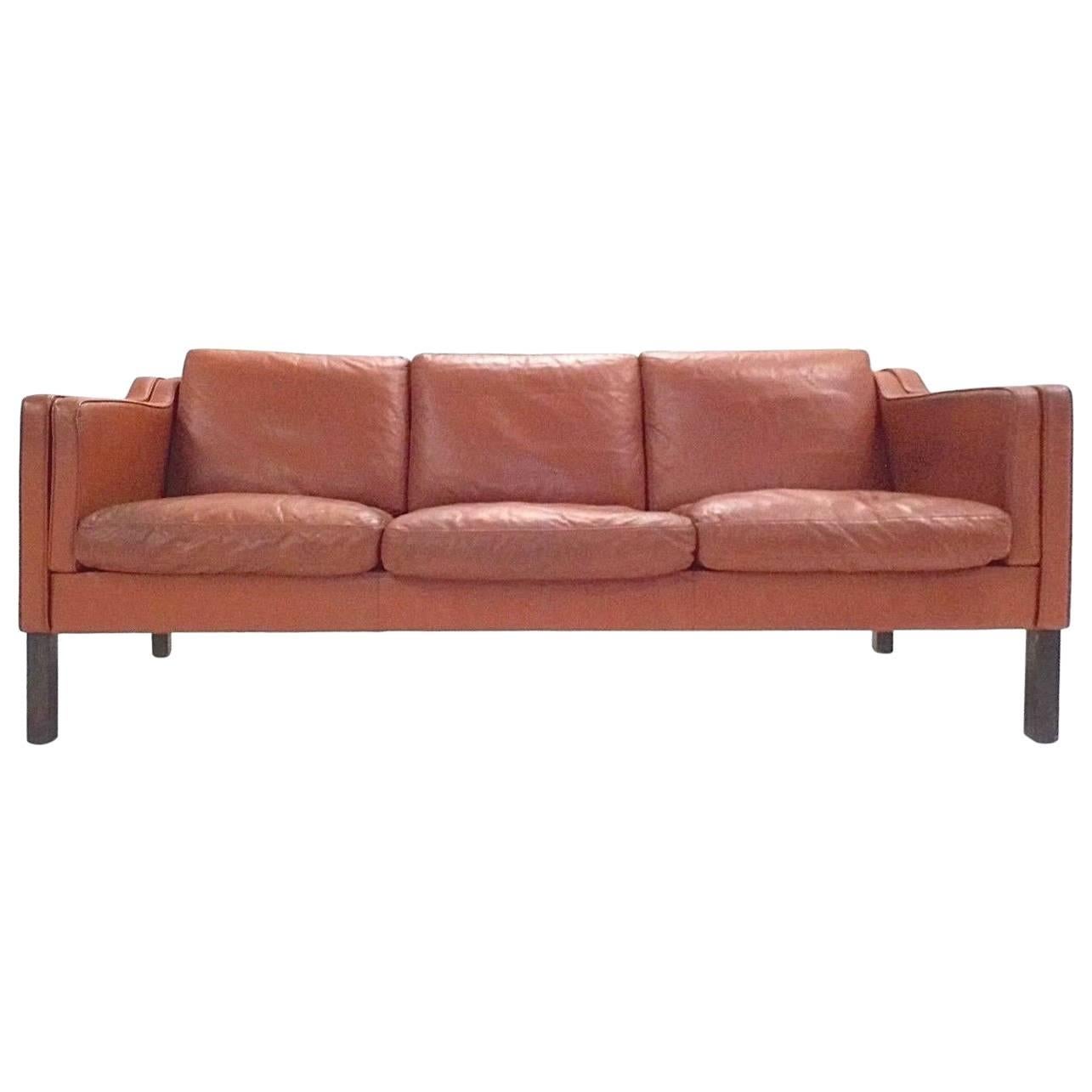 Danish Tan Brown Leather Teak Three-Seat Sofa, Midcentury, 1960s