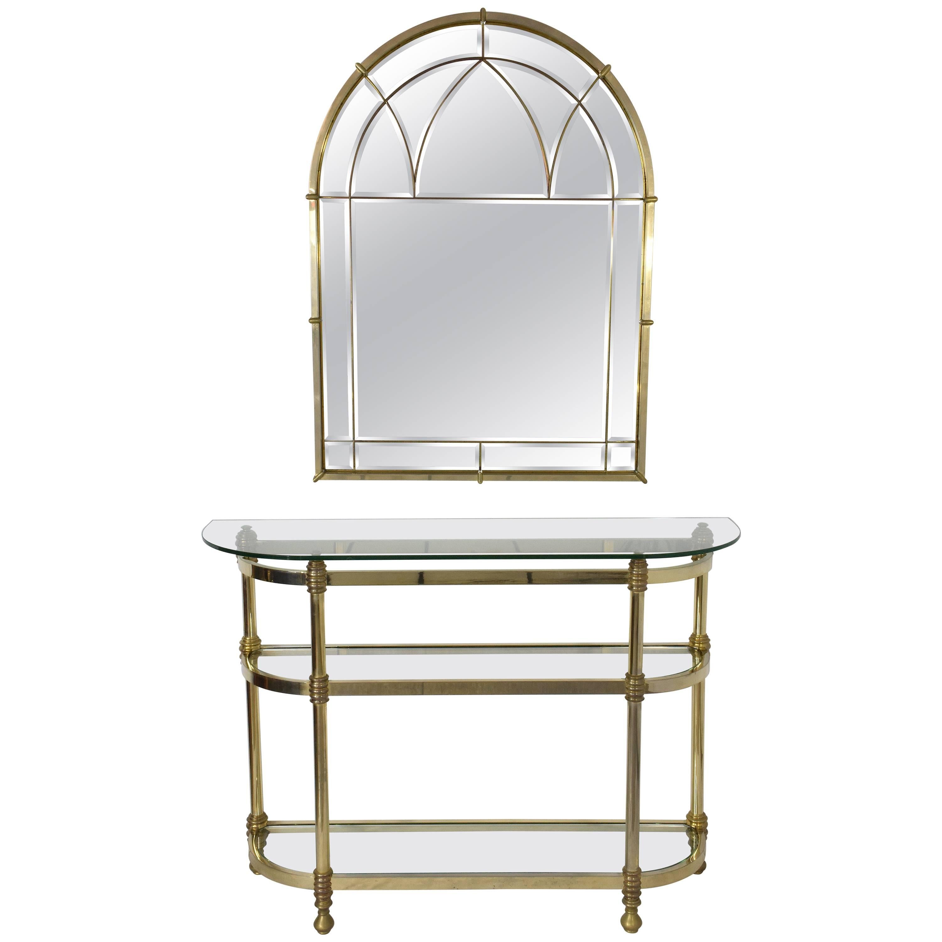 French Vintage Brass Mirror and Console, 1970s 