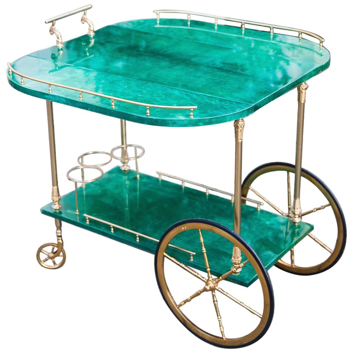 Aldo Tura Green Goatskin Bar Cart Fold-Up Sides