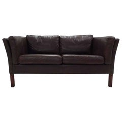Danish Dark Brown Leather Teak Two-Seat Sofa Midcentury, 1960s