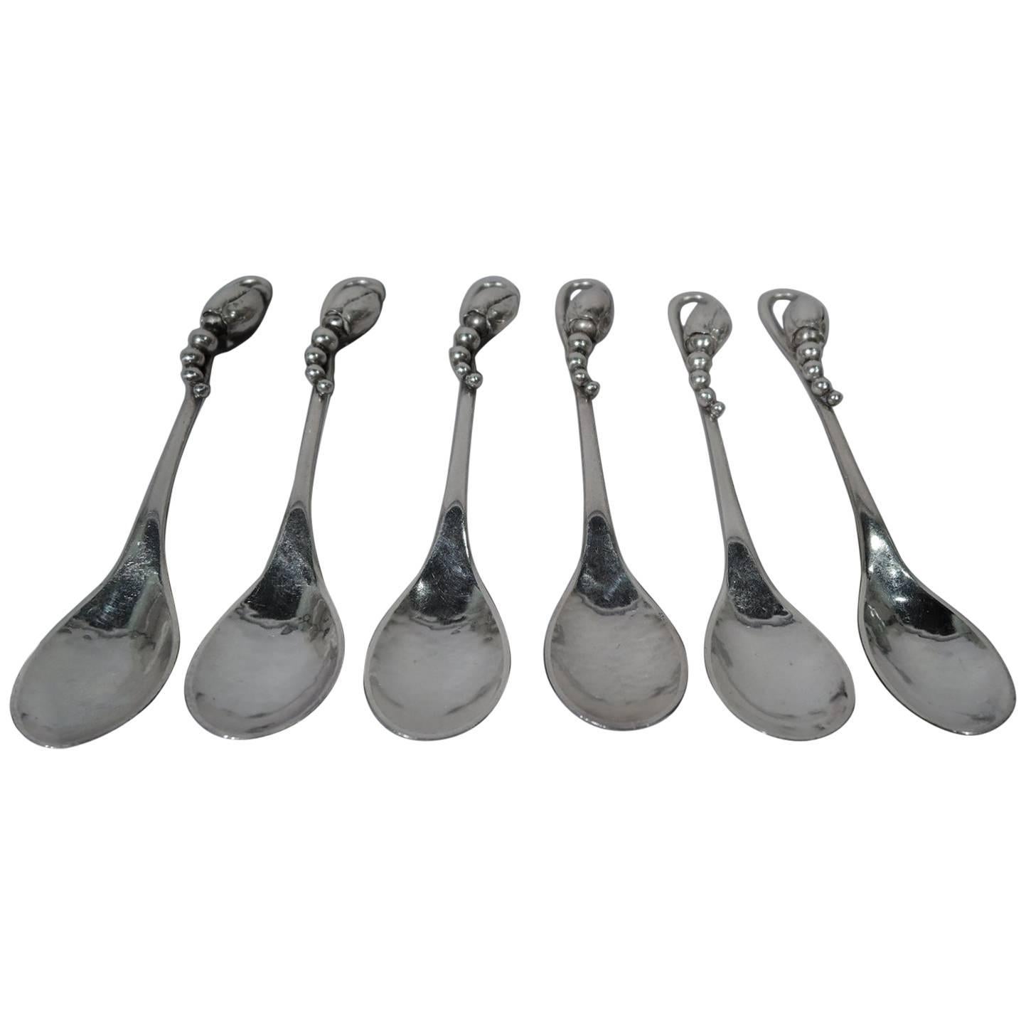 Set of Six Early Georg Jensen Blossom Hand-Hammered Sterling Silver Spoons