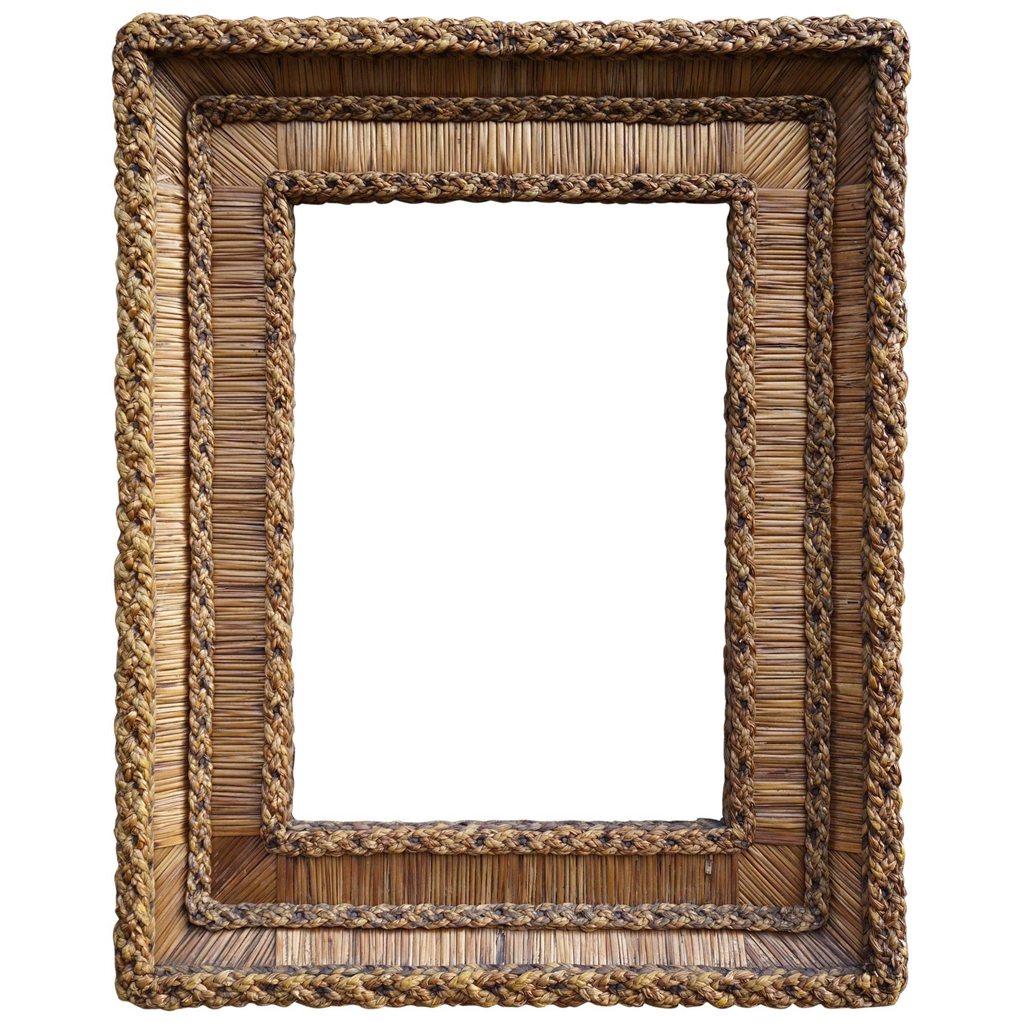 Vintage Hand-Woven Straw on Wood, Stylishly Organic Picture or Mirror Frame 