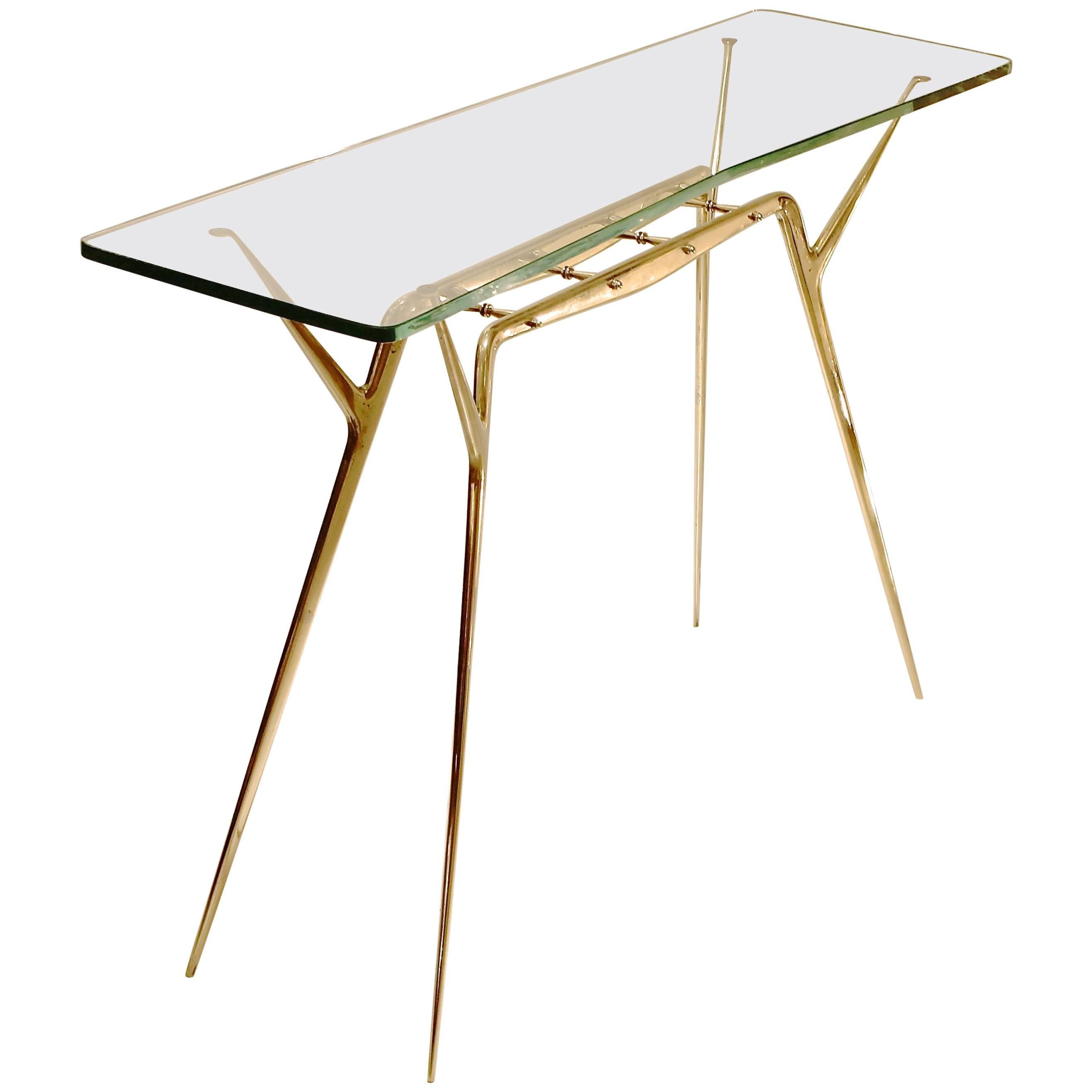 Elegant Italian, 1950s Cesare Lacca Brass Base and Original Glass Top Console