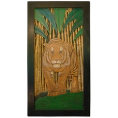 Retro Art Deco Polychromed Carved Tiger in the Middle of the Jungle Wall Panel