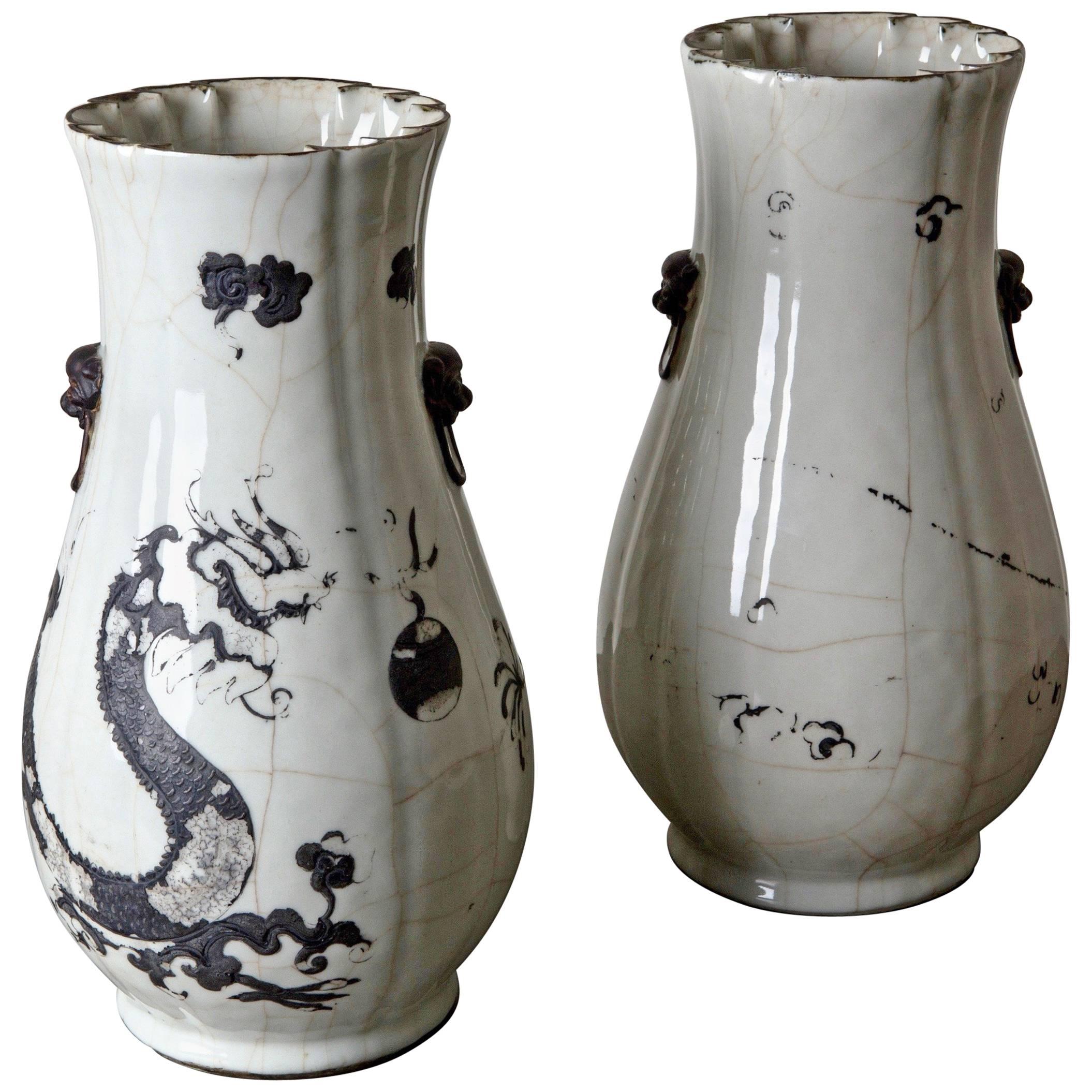 Vases Tall Pair of Japanese 19th Century Black and White Japan For Sale