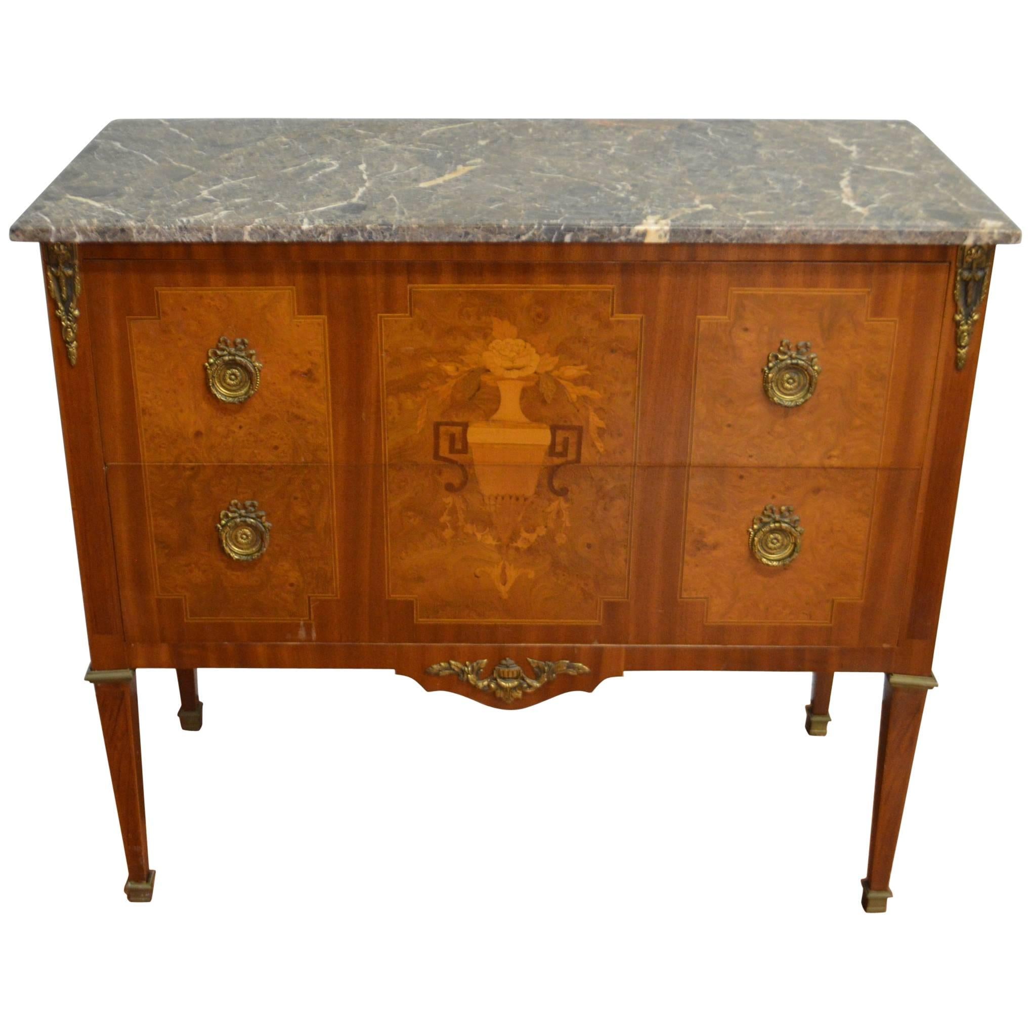 Louis XVI Style Commode with Fine Marquetry In-Lay, Two Drawers, Marble-Top