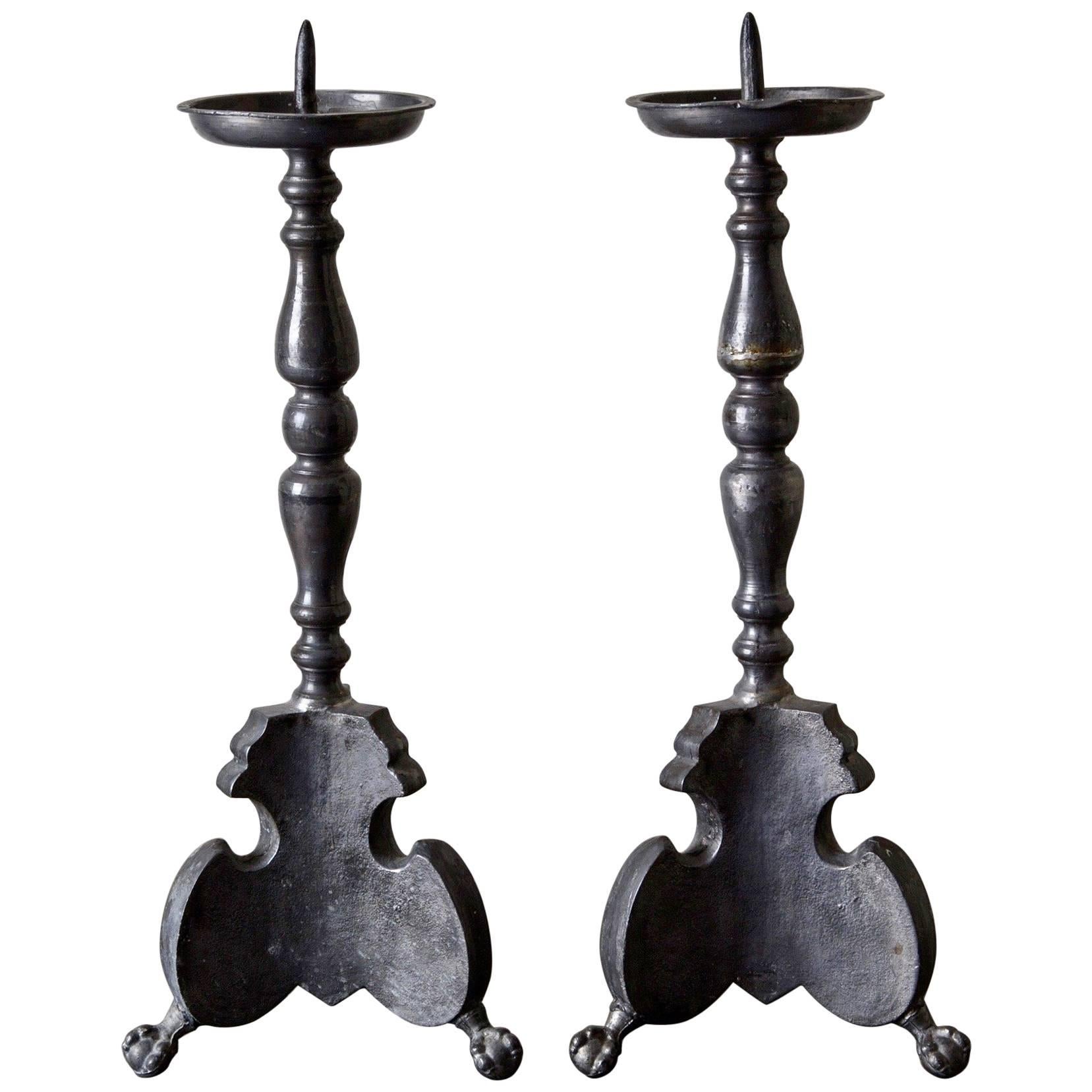Candlesticks Spanish Tall Pewter Gray Baroque, Spain