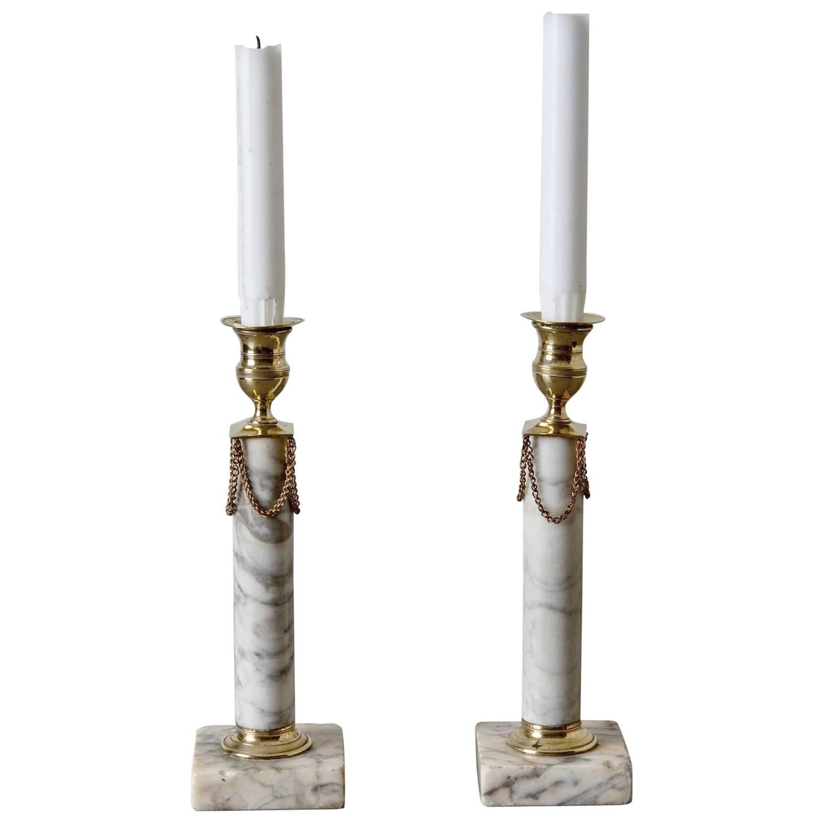 Candlesticks Swedish Gustavian Neoclassical Gray Marble Brass, Sweden For Sale