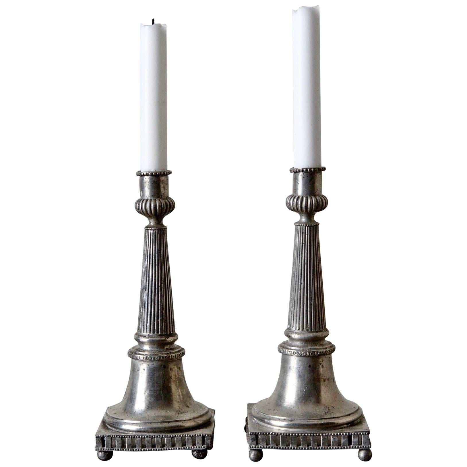 Candlesticks Gustavian Neoclassical Swedish Pair Pewter Gray 19th Century Sweden