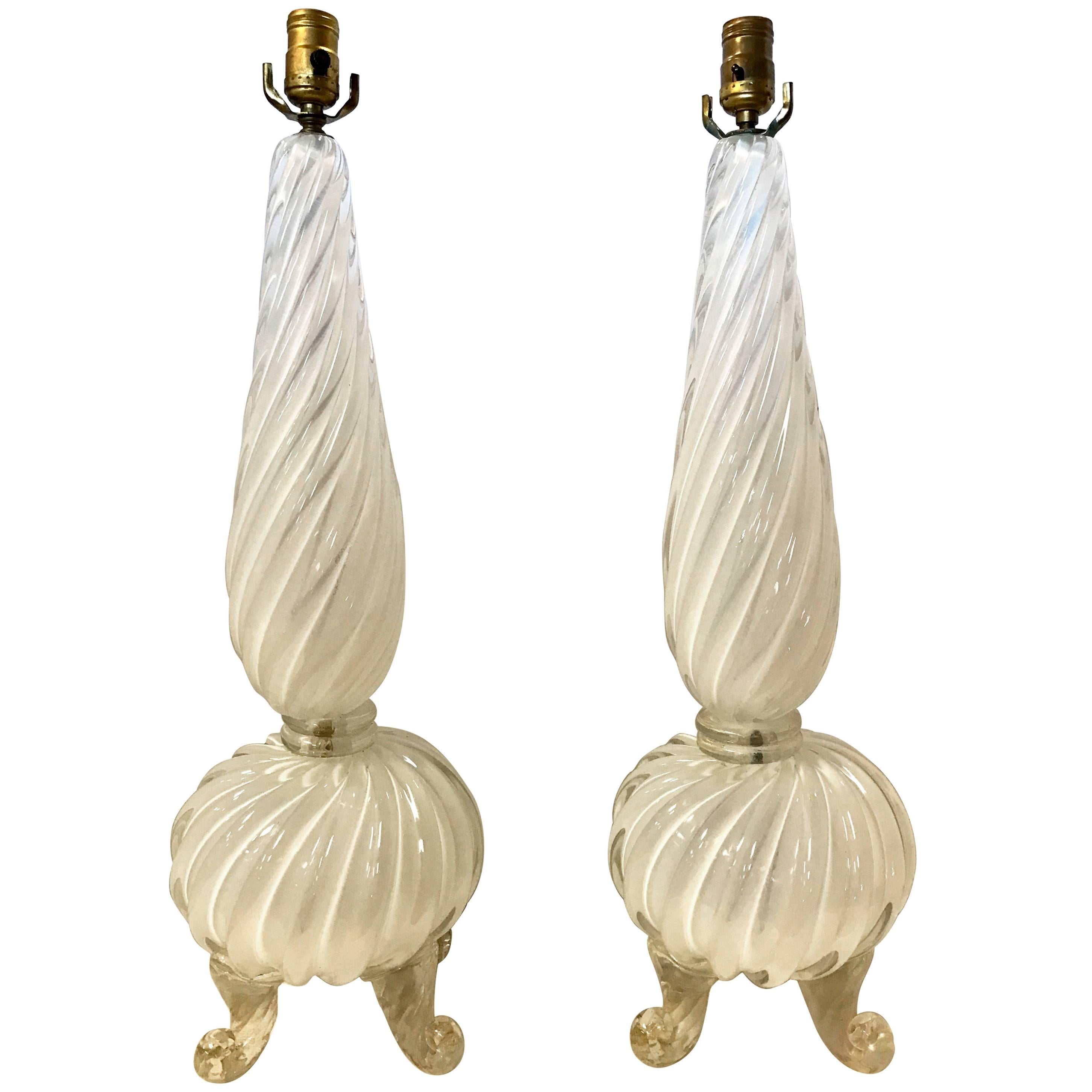Pair of White and Gold Murano Glass Lamps
