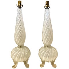 Pair of White and Gold Murano Glass Lamps