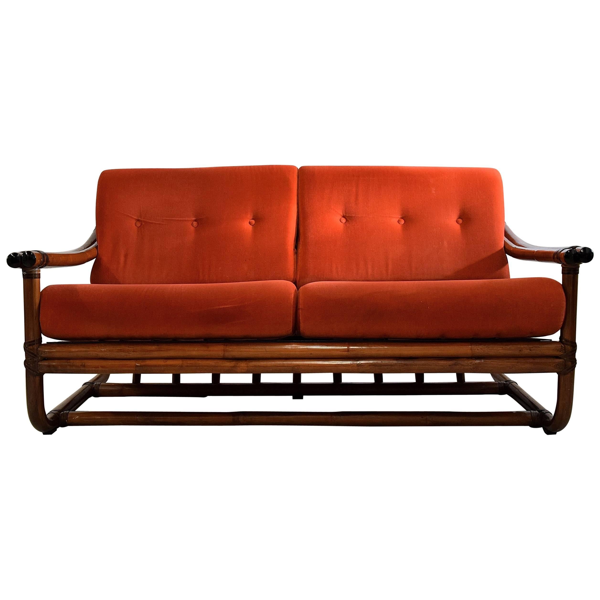 Italian Two-Seat Mid Century Modern Orange Bamboo Lounge Sofa