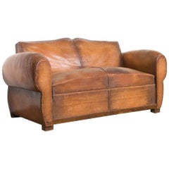 French Cognac Leather Moustache Club Loveseat Sofa, circa 1930-1940