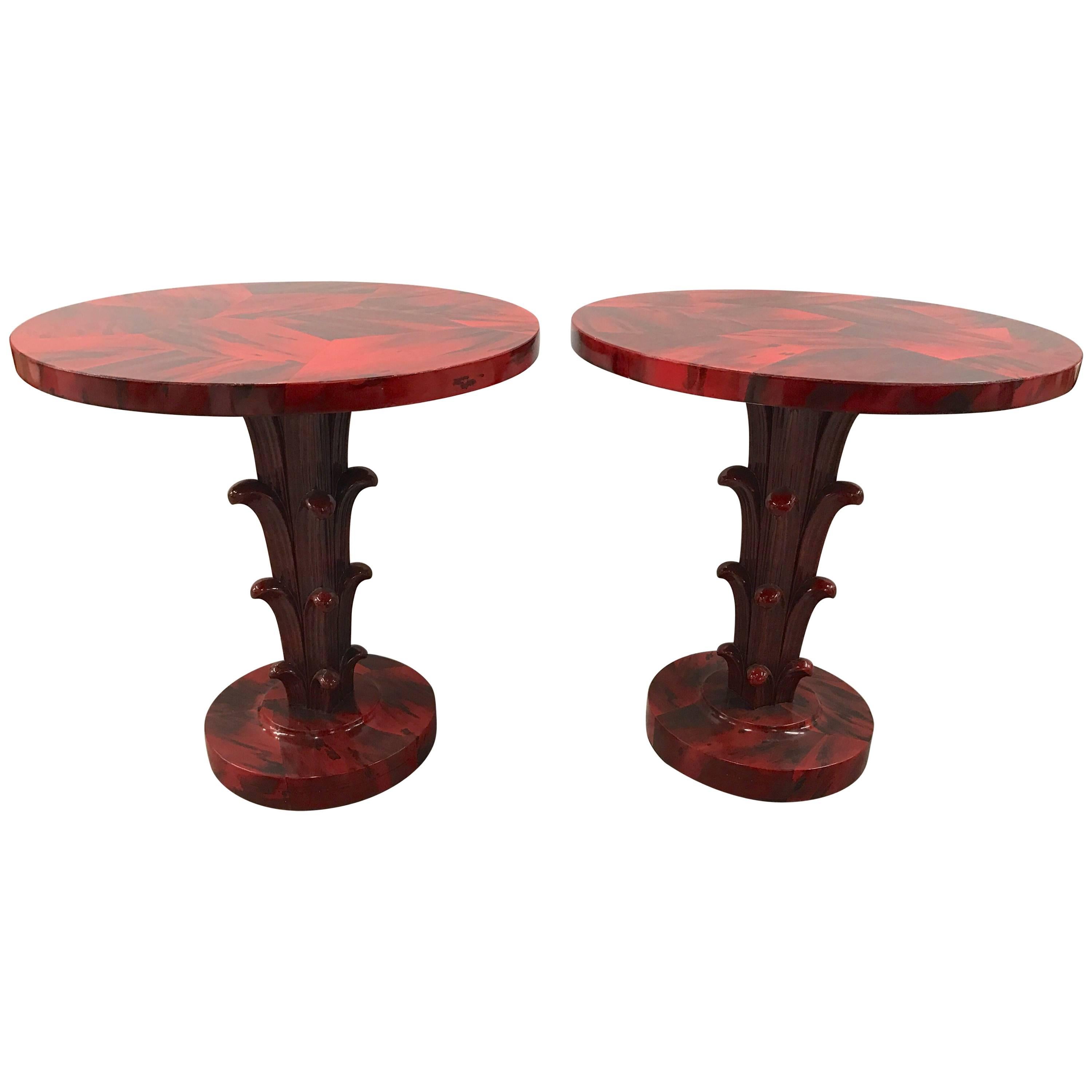 Serge Roche Style Art Deco Red Laquer Palm Tree Tables