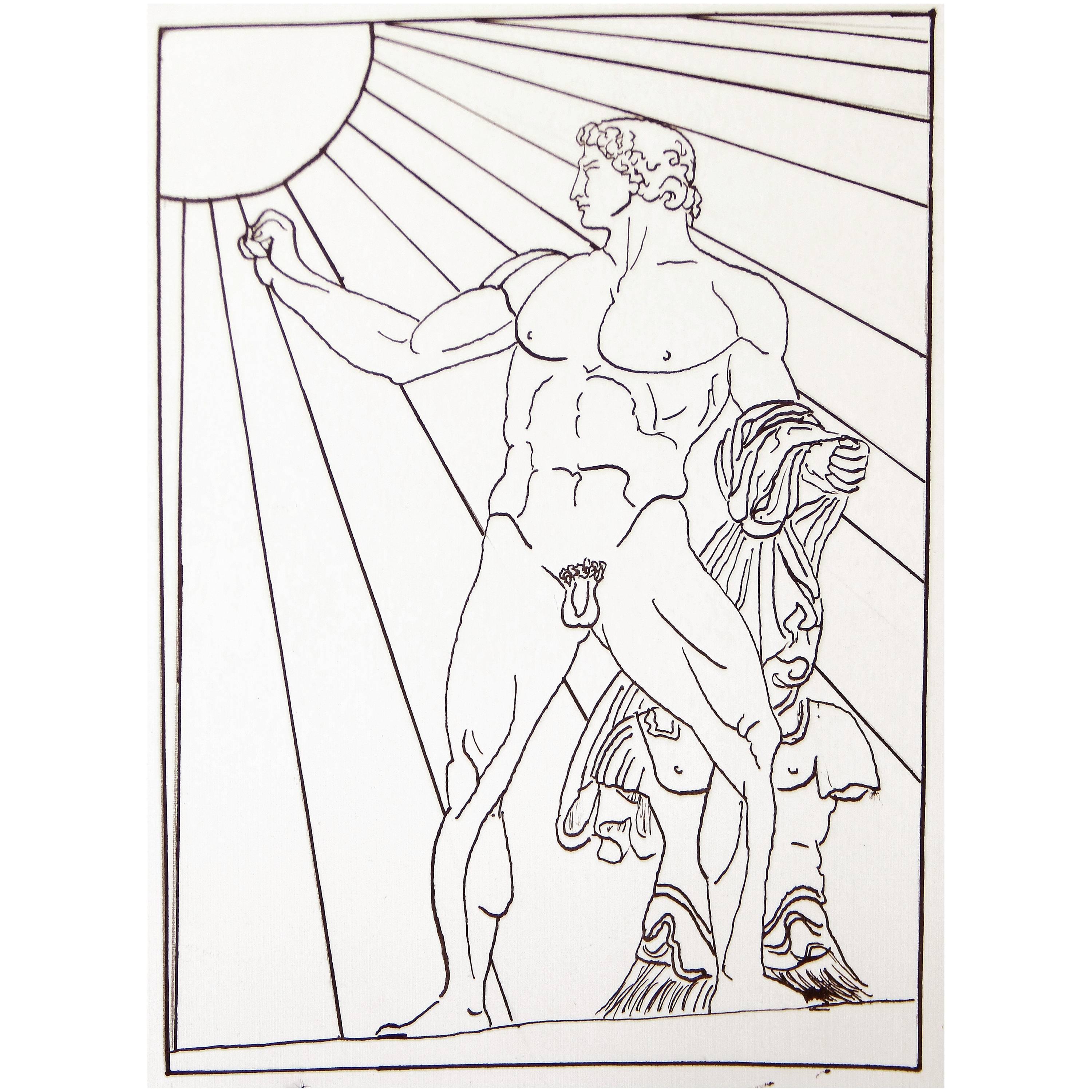 "Nude Roman Soldier, " Art Deco Drawing with Nude Male and Radiating Sun