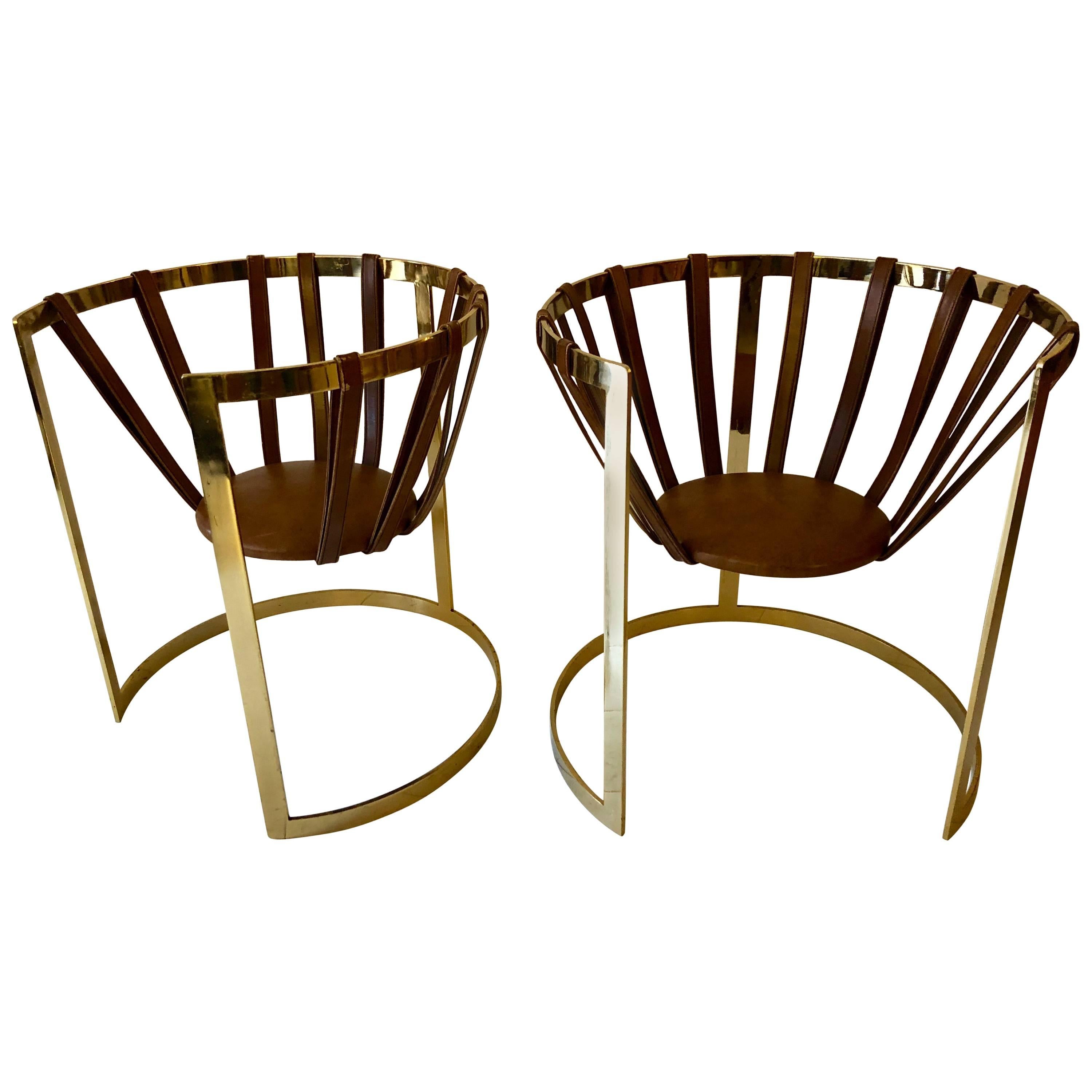 Pair of Brass and Leather Sling Chairs