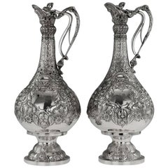 Antique Victorian Solid Silver Pair of Magnificent Armada Jugs, circa 1898