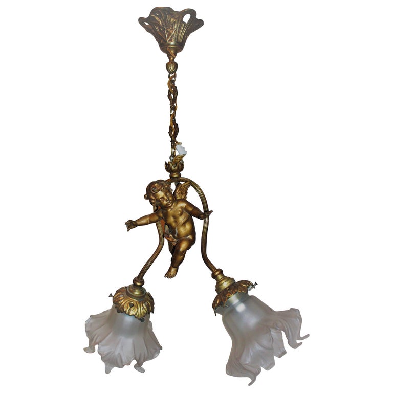 Art Deco Two Light Bronze Cherub Chandelier France Circa 1925 For Art Deco Two Light Bronze Cherub Chandelier France Circa 1925 For