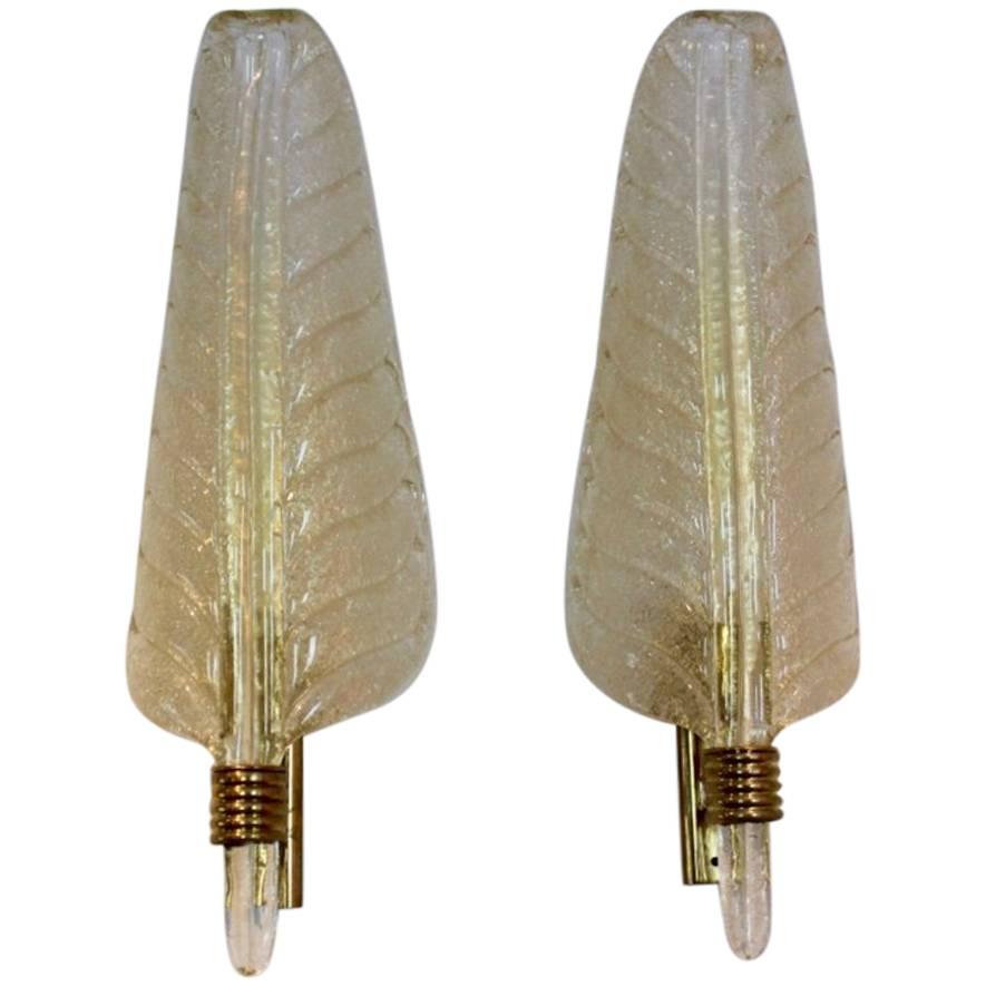 Glamorous Pair of XL Murano Gold Flaked Glass Leaf Sconces by Barovier & Toso