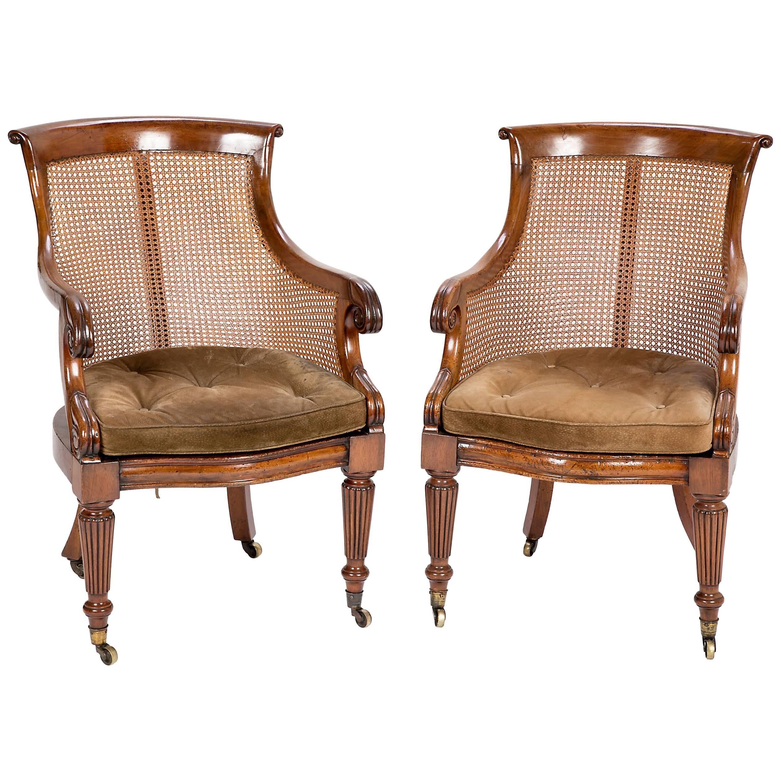 Pair of Late Regency Mahogany and Caned Bergere Chairs