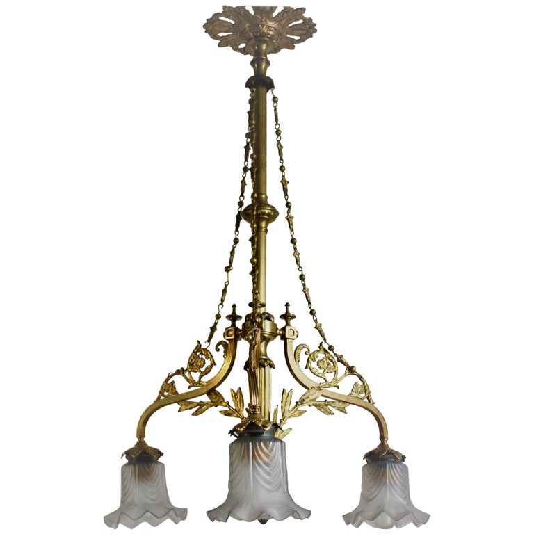 Wonderful Art Nouveau Brass And Glass Chandelier Circa 1900s For Wonderful Art Nouveau Brass And Glass Chandelier Circa 1900s For