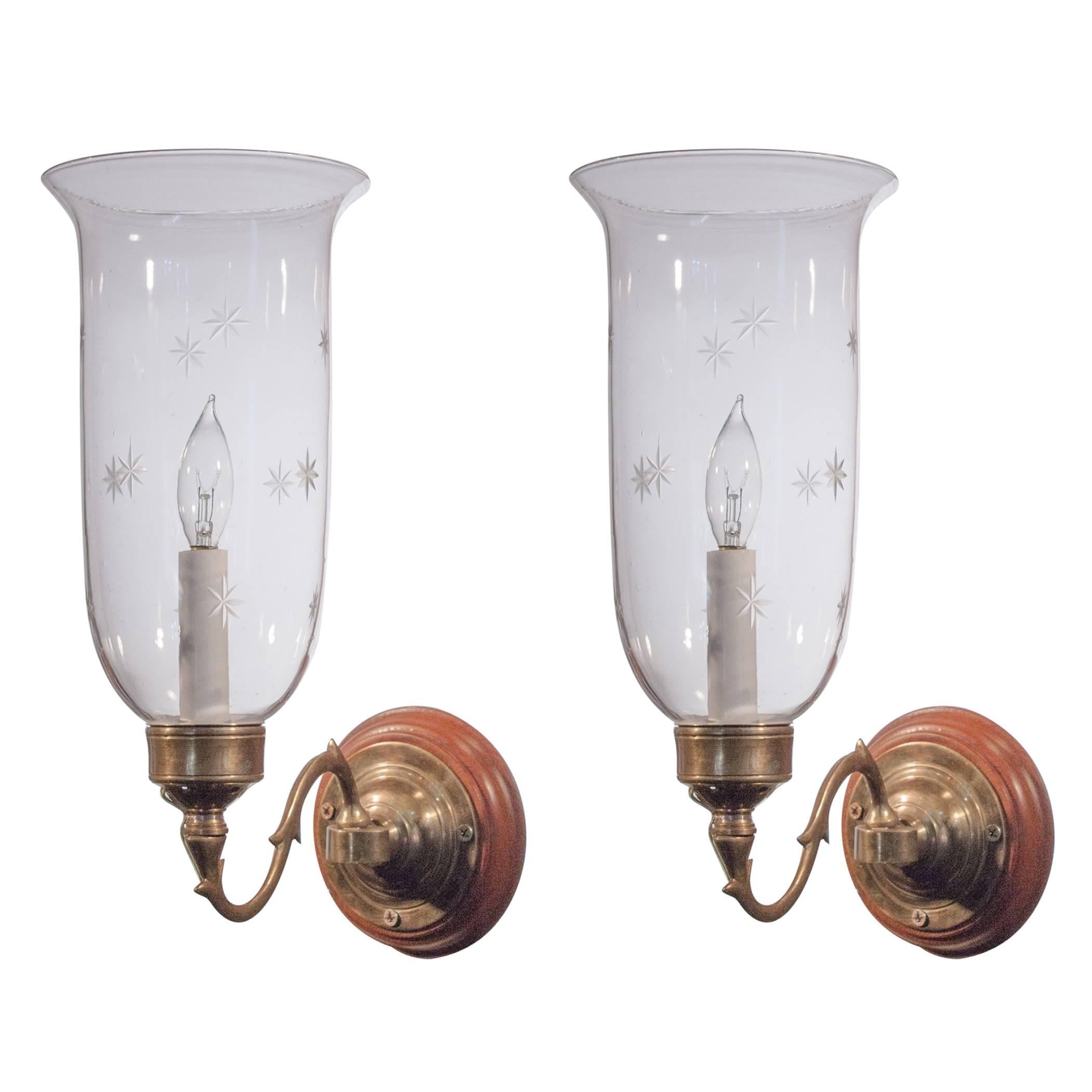 Pair of 19th Century English Hurricane Shade Sconces with Etched Stars