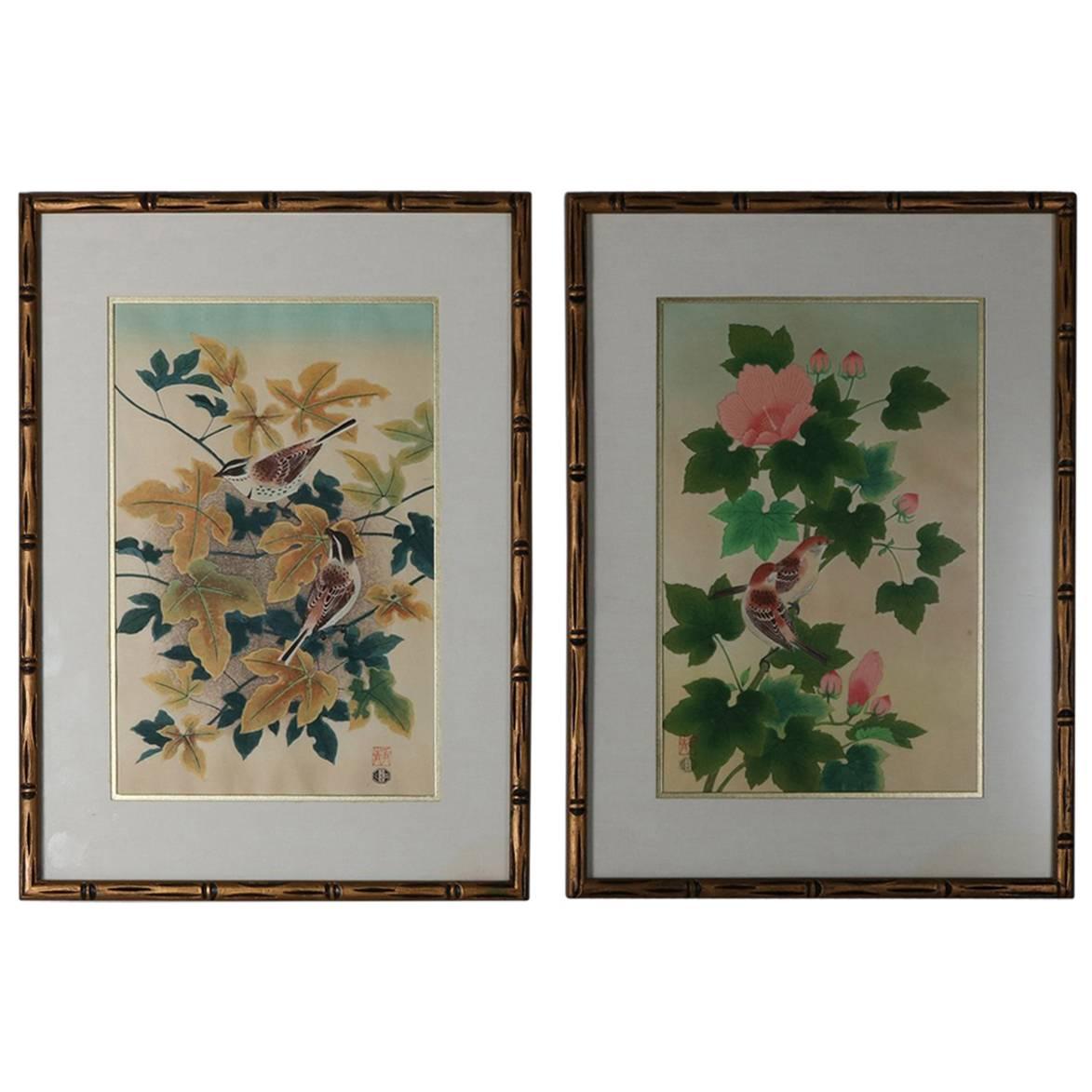 Pair of Ashikaga Shizuo Japanese Floral Wood Block Prints, Signed, circa 1950