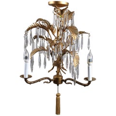 Hollywood Regency Petite Three-Light Palm Form Gilt and Crystal Chandelier