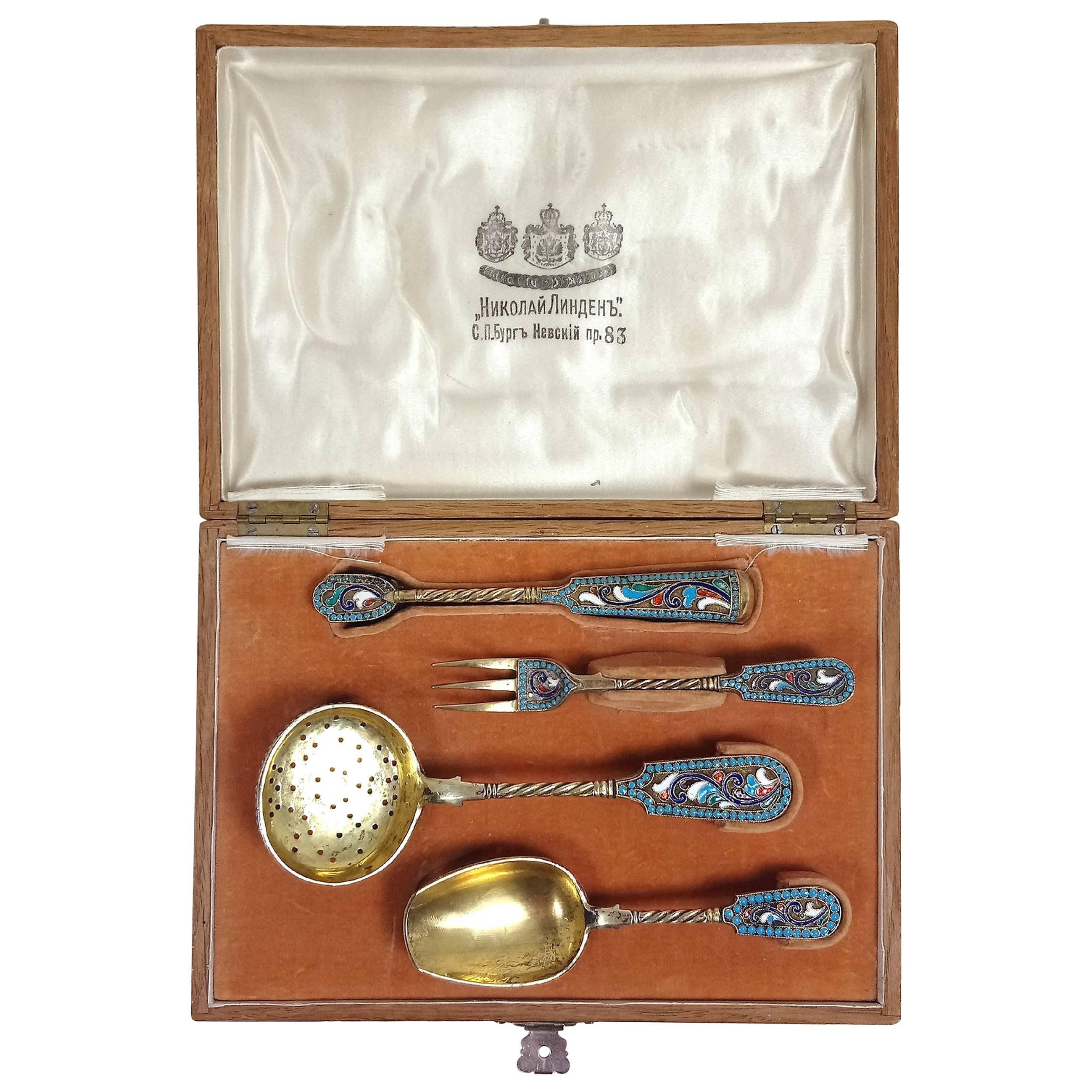 Late 19th Century Russian Silver Gilt and Champlevé Enamel Tea Serving Set